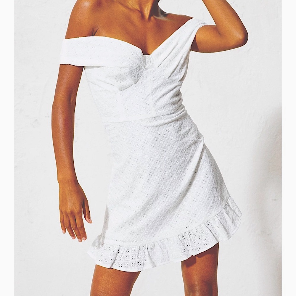Off the shoulder white mini dress